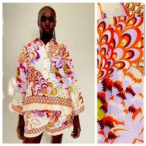 Zara Floral Paisley Button Down Shirt Size Small 70s Retro Hippie Bandana Print